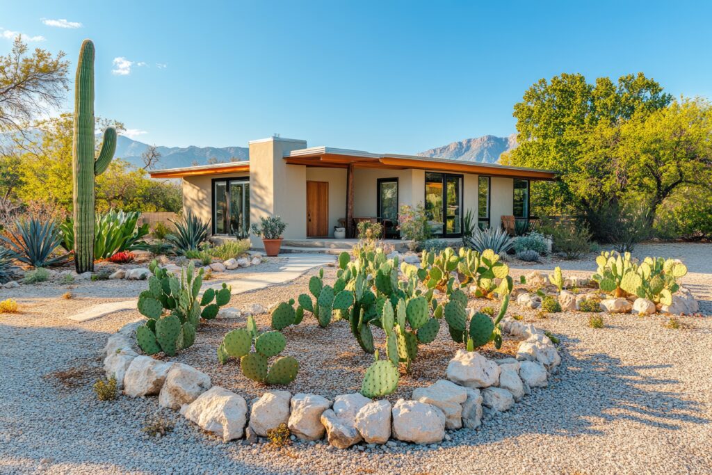 desert landscaping in front of a tiny house