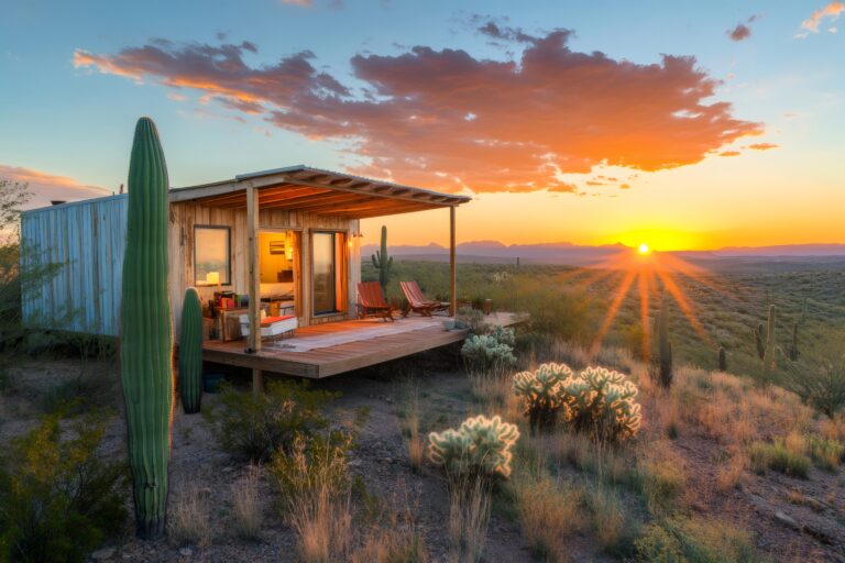 house in desert with setting sun