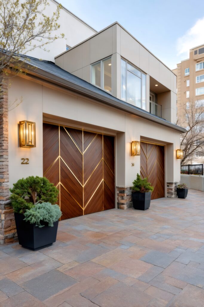 Modern house presenting two stylish wood garage doors