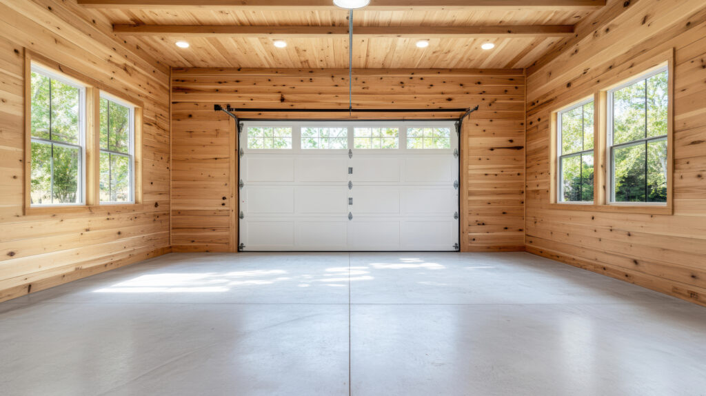 Spacious wooden garage interior with natural light and clean concrete floor, perfect for storage