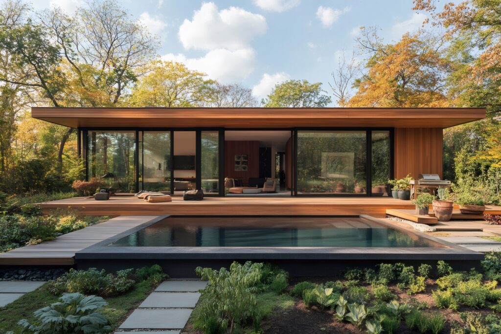 Modern wooden house with swimming pool surrounded by forest showing outdoor living concept